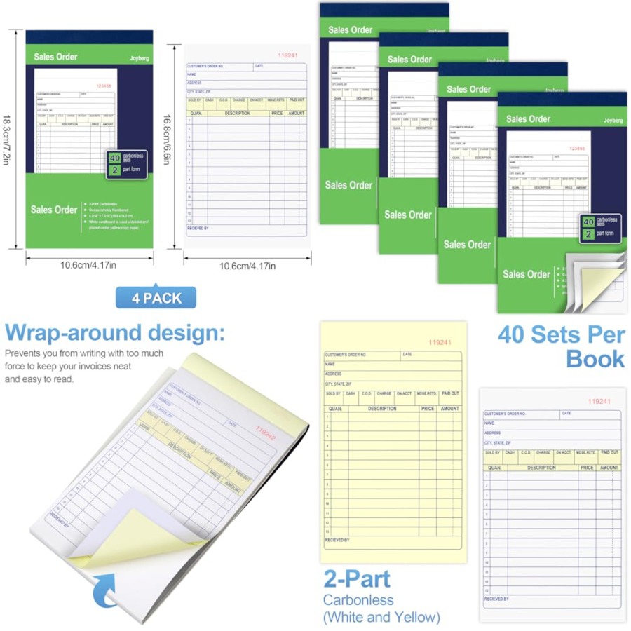 Carbon Copy Book - 4 Pack Sales Order Book, 4.17inx7.2in