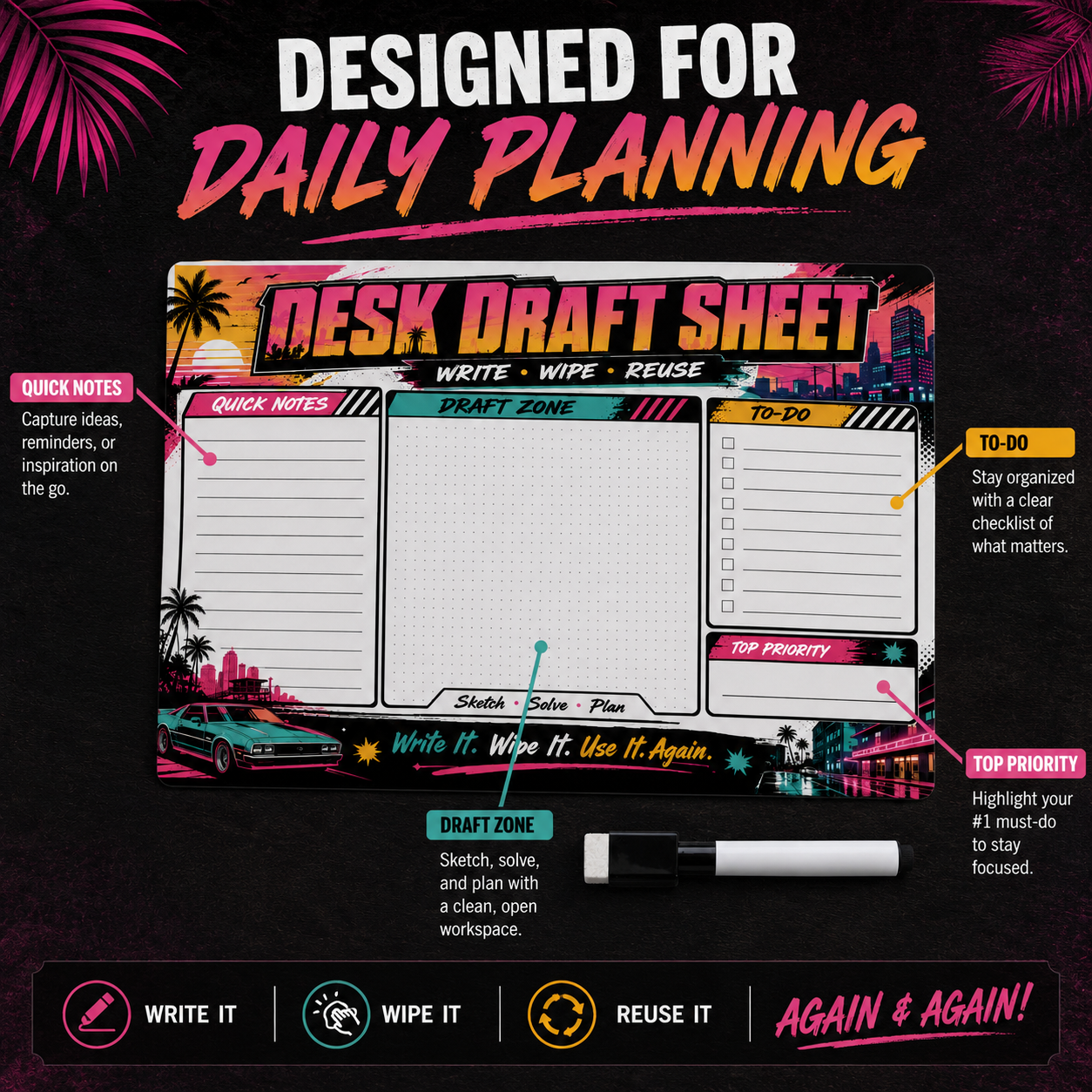 Retro Neon Reusable Dry Erase  - đánh giá và giá Whiteboard Marker Set