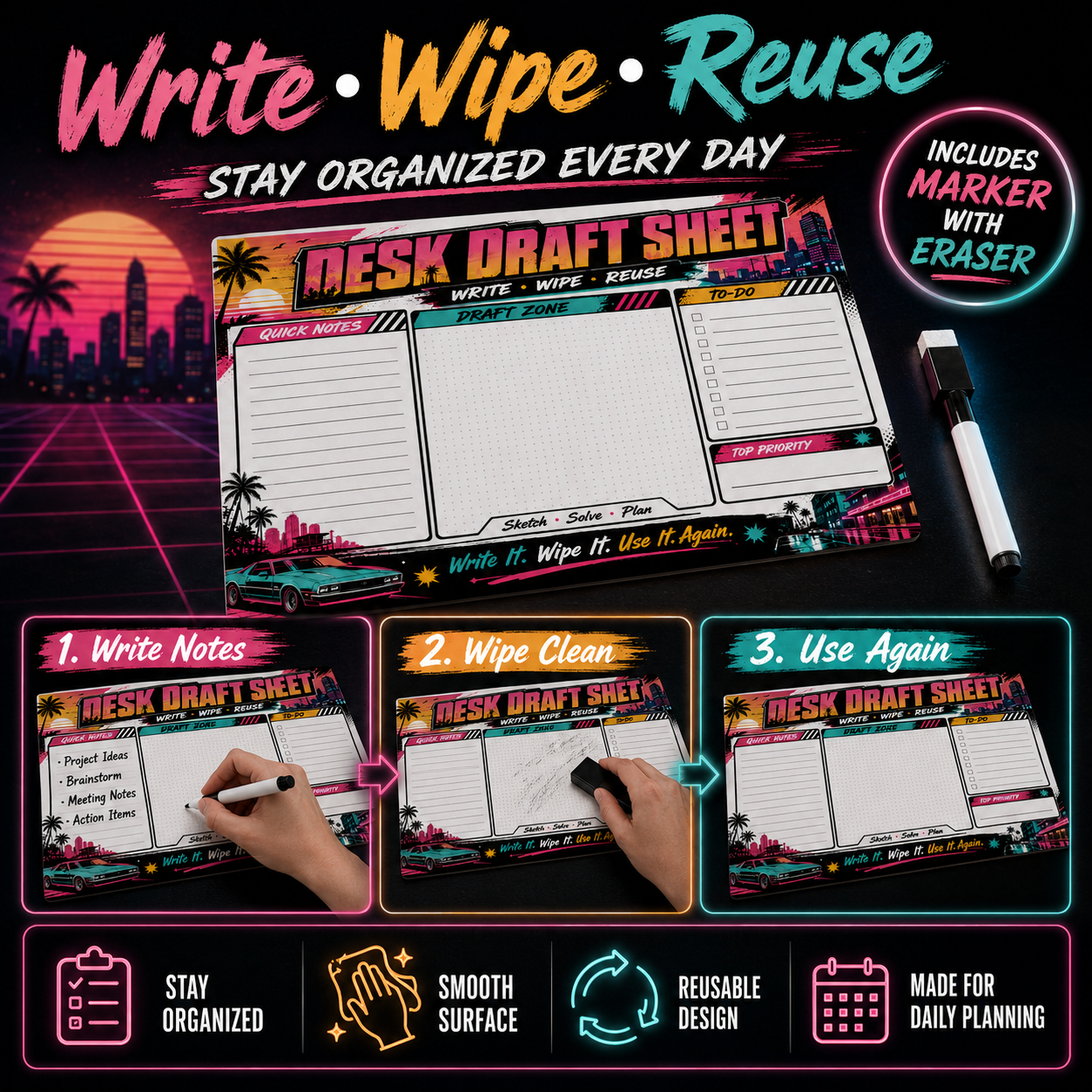 Retro Neon Reusable Dry Erase  - đánh giá và giá Whiteboard Marker Set
